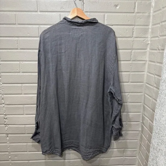 FLAX Linen Button Down Shirt Ruffle Collar Charcoal Gray Oversized L Lagenlook - Picture 5 of 11